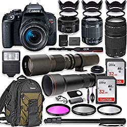 Canon EOS Rebel T7i DSLR Camera with 18-55mm Lens Bundle + Canon EF 75-300mm III Lens, Canon 50mm f/1.8, 500mm Lens & 650-1300mm Lens + Canon Backpack + 64GB Memory + Monopod + Professional Bundle