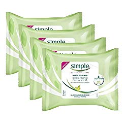 Simple Sensitive Skin Experts Kind To Skin Cleansing Facial Wipes, Waterproof Mascara Remover, Even Softer, 25 Count, (4 Pack)
