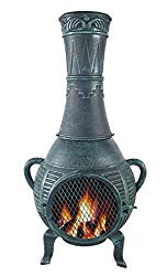 The Blue Rooster Company CAST ALUMINUM Pine Style Wood Burning Chiminea in Antique Green.