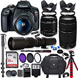 Canon EOS Rebel T7 DSLR Camera with 18-55mm is II Lens Bundle + Canon EF 75-300mm f/4-5.6 III Lens and 500mm Preset Lens + 32GB Memory + Filters + Monopod + Spider Flex Tripod + Professional Bundle