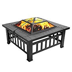 FCH 32″ Metal Fire Pit Outdoor Backyard Patio Garden Square Stove Brazier with Charcoal Rack, Poker & Mesh Cover 32″ L x 32″ W x 17″ H