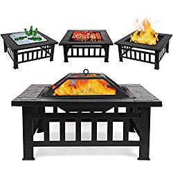 FIXKIT Fire Pit Table Outdoor with BBQ Grill Shelf, Multifunctional Garden Terrace Fire Bowl Heater/BBQ/Ice Pit, 32″ Diameter Square Fireplace with Waterproof Cover