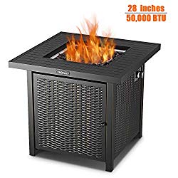 TACKLIFE Fire Table, 28 inch 50,000 BTU Auto-Ignition Outdoor Propane Gas Fire Pit Table with Cover, CSA Certification Approval and Strong Striped Steel Tabletop (Square Black)