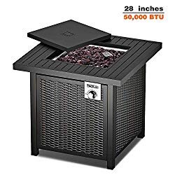 TACKLIFE Gas Fire Table, 28 inch 50,000 BTU Auto-Ignition Outdoor Propane Gas Fire Pit Table with Cover, CSA Certification Approval and Strong Striped Steel Tabletop (Square Black)