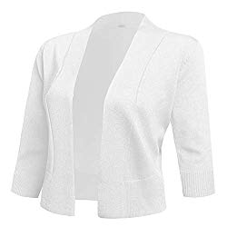 AAMILIFE Women’s 3/4 Sleeve Cropped Cardigans Sweaters Jackets Open Front Short Shrugs for Dresses White XL