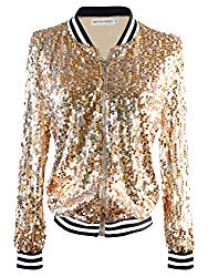 Anna-Kaci Womens Sequin Long Sleeve Front Zip Jacket with Ribbed Cuffs, Gold, X-Large