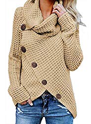 Asvivid Womens Chunky Turtle Cowl Neck Asymmetric Hem Wrap Button Winter Warm Cozy Knitted Pullover Sweaters M Beige