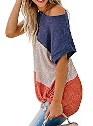 Asvivid Womens Short Sleeve Sexy Slash Neck Blouses Contrast Color Knotted Front Loose Work Office Tee Tops L Blue