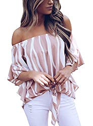 Asvivid Womens Striped Off The Shoulder Flare Sleeve T-Shirt Tie Knot Blouses and Tops Small Pink