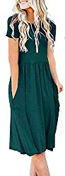 AUSELILY Women’s Short Sleeve Pockets Empire Waist Pleated Loose Swing Casual Flare Dress (XL, Dark Green)