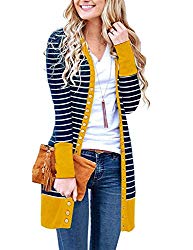 Basic Faith Women’s S-3XL V-Neck Button Down Knitwear Long Sleeve Soft Knit Casual Cardigan Sweater Stripe Mustard M