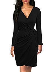 Berydress Women’s Black Wrap Dresses V-Neck Cocktail Party Work Belted Solid Cotton Sheath Dress Long Sleeves (L, 6090-Black)