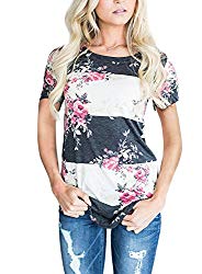 CEASIKERY Women’s Blouse 3/4 Sleeve Floral Print T-Shirt Comfy Casual Tops for Women ((US 8-10) Medium, Short Sleeve Pink 1)
