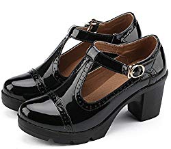 DADAWEN Women’s Classic T-Strap Platform Mid-Heel Square Toe Oxfords Dress Shoes Black US Size 6.5