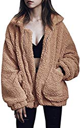ECOWISH Women’s Coat Casual Lapel Fleece Fuzzy Faux Shearling Zipper Warm Winter Oversized Outwear Jackets Camel S