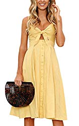 ECOWISH Womens Dress Summer Tie Front V-Neck Spaghetti Strap Button Down A-Line Backless Swing Midi Dress Yellow S