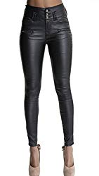 Ecupper Womens Black Faux Leather Pants High Waisted Skinny Coated Leggings 29″ Inseam-Regular L-38