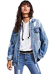 Floerns Women’s Ripped Distressed Casual Long Sleeve Denim Jacket Blue L