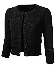 FLORIA Women’s Button Down 3/4 Sleeve Crew Neck Cotton Knit Cropped Cardigan Sweater Black L