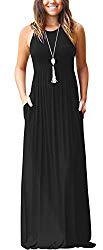 GRECERELLE Women’s Round Neck Sleeveless A-line Casual Maxi Dresses with Pockets Black-L