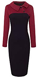 HOMEYEE Women’s Retro Chic Colorblock Lapel Career Tunic Dress B238 (S, Red)