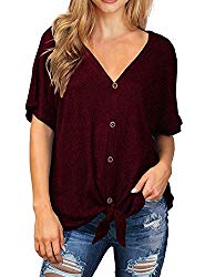 I2CRAZY Short Sleeve Tunics for Women Loose Fit Batwing Henley Blouse Front Tie Knot Button Down Tops – M, WineRed