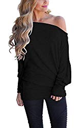 INFITTY Women’s Off Shoulder Loose Pullover Sweater Batwing Sleeve Knit Jumper Oversized Tunics Top Black Small