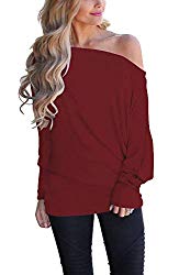 INFITTY Women’s Off Shoulder Loose Pullover Sweater Batwing Sleeve Knit Jumper Oversized Tunics Top Dark Red Large