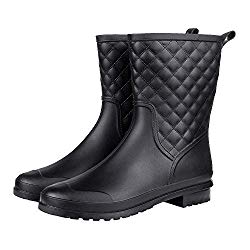 Litfun Womens Black Mid Calf Rain Boots Outdoor Work Waterproof Garden Booties Wide Calf Rain Shoes