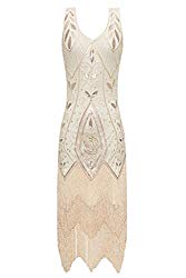 Metme Women’s 1920s Vintage Flapper Fringe Beaded Great Gatsby Party Dress (XL, Apricot)
