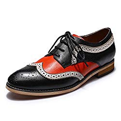 Mona flying Womens Leather Perforated Lace-up Brogue Wingtip Derby Saddle Oxfords Shoes for Womens ladis Girls Black-red