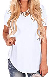 NIASHOT Women Solid Casual Loose V Neck Lightweight Top Tee with Short Sleeve White L