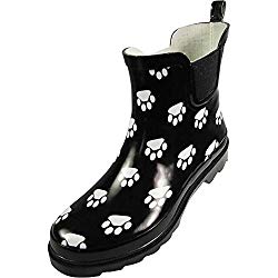 NORTY – Womens Ankle High Paw Printed Rain Boot, Black, White 39720-9B(M) US