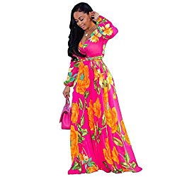 Nuofengkudu Womens Chiffon Deep V-Neck Printed Floral Maxi Dress Unique Loose Summer Boho Dresses High Waisted (Rose),X-Large