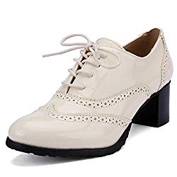 Odema Womens PU Patent Leather Oxfords Brogue Wingtip Lace Up Chunky High Heel Shoes Dress Pumps Oxfords Beige