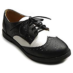 Ollio Women’s Flat Shoe Wingtip Lace Up Two Tone Oxford M2913(8 B(M) US, Black)