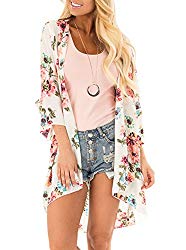 PINKMILLY Women Floral Print Kimono Cover up Sheer Chiffon Blouse Loose Long Cardigan Apricot Small