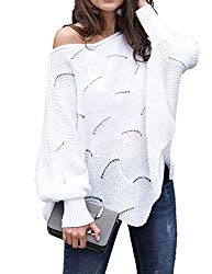 Relipop Women’s Pullover Batwing Sleeve Loose Hollow Knit Sweaters White