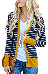 RichCoco Women’s Striped Snap Button Down Open Front Long Sleeve Contrast Color Casual Cardigans Sweaters (Mustard, L)