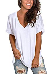 SAMPEEL Womens Tops Blouses Summer Short Sleeve T Shirts V Neck Casual White M