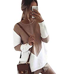shermie Women Long Sleeve Crew Neck Pullovers Stitching Color Loose Knitted Sweaters Camel S