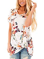 Short Sleeve Shirts Women Summer Floral Crew Neck Knotted Tops Blouses White M