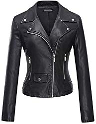 Tanming Women’s Casual Slim Motorcycle PU Faux Leather Jacket Coat (Large, Black)