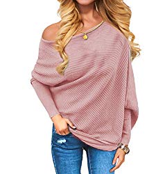 VOIANLIMO Women’s Off Shoulder Knit Jumper Long Sleeve Pullover Baggy Solid Sweater (Medium, Pink)