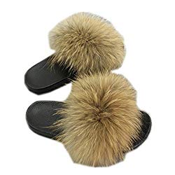 Women Real Fox Fur Feather Vegan Leather Open Toe Single Strap Slip On Sandals Multicolor (12, Natural)