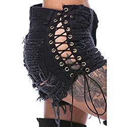 Women’s Destroyed Ripped Hole Denim Shorts Sexy Short Jeans Side Straps Mini Hot Pants Clubwear (Black, M)
