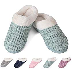 Women’s House Shoes Warm Fleece Memory Foam Plush Lining Anti-Slip Cozy Home Slippers Indoor & Outdoor(HS-Green,40/41EU)