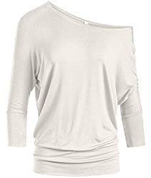 Womens Jersey Off the Shoulder Sweater Top Round Scoop Neck,Ivory,Medium