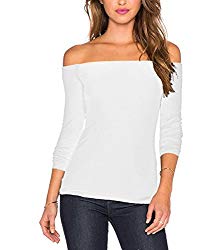 Women’s Sexy Slim Fit Stretchy Off Shoulder Long Sleeve Blouse Tops Shirt White S