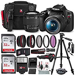 Canon T7 EOS Rebel DSLR Camera with EF-S 18-55mm f/3.5-5.6 is II Lens W/Telephoto & Wideangle Lens 3 Pc. Filter Kit + Tripod + Flash & 2 X 32GB SD Card and Basic Accessory Kit